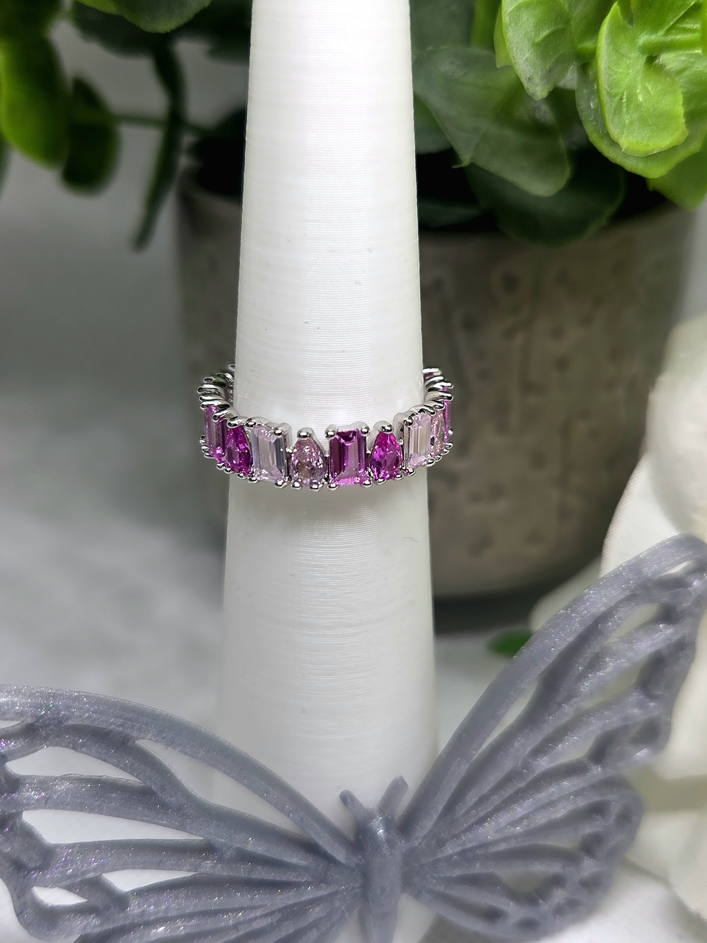 Gradient Of Pink Ombre CZ Eternity Band On Rhodium Plating